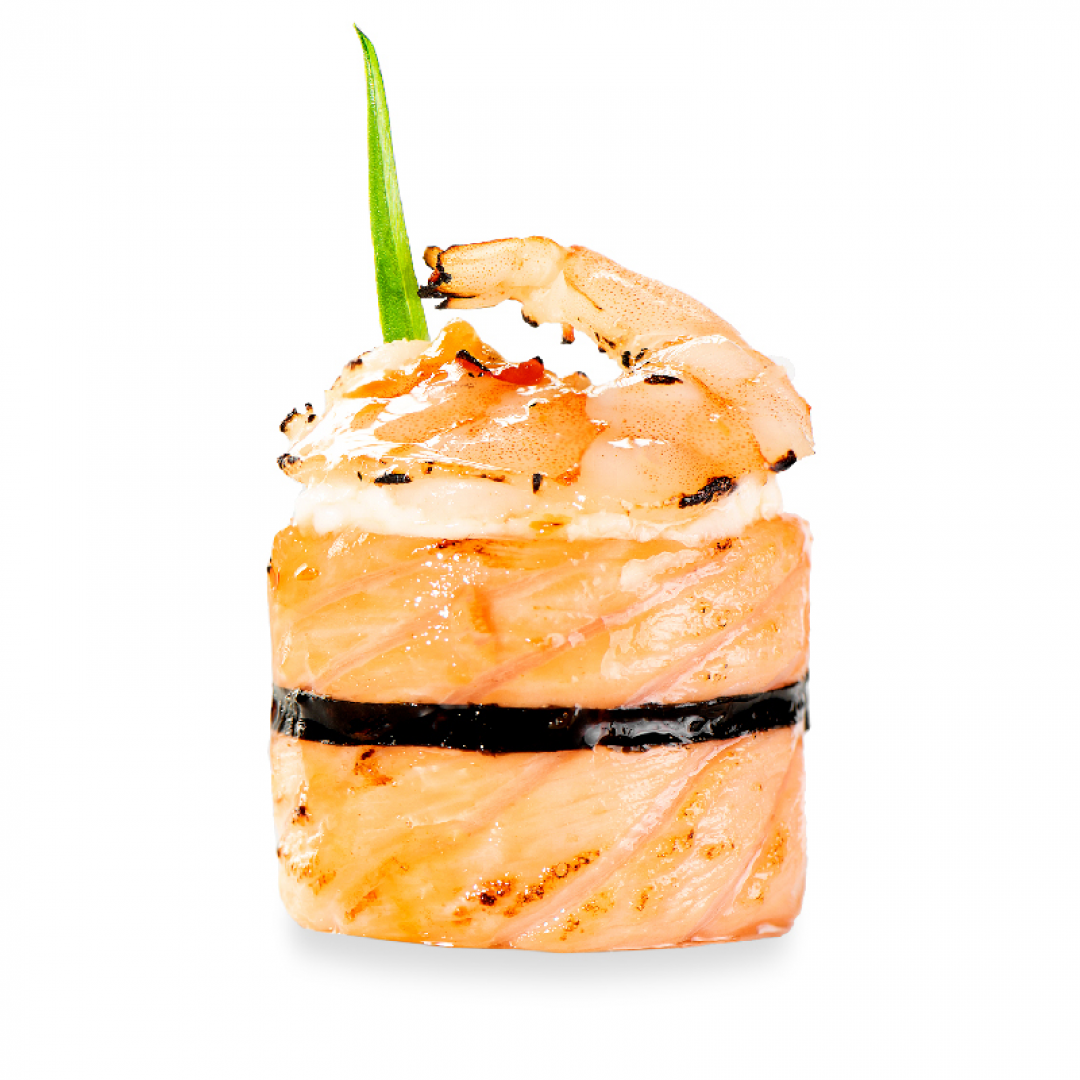 Гункан абурі з лососем та креветкою*