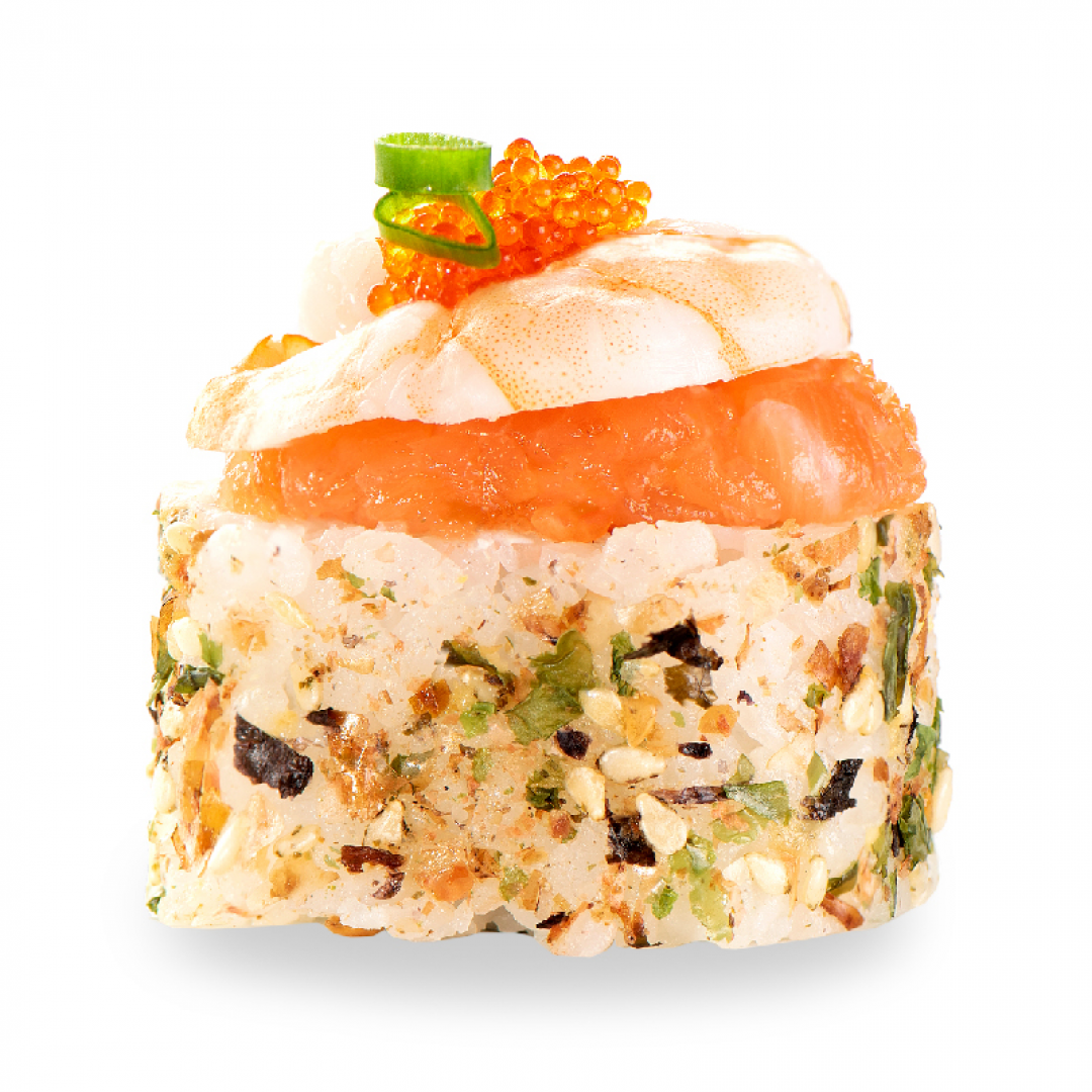 Рол зі спайсі креветкою та тартаром лосося у фурікаке
